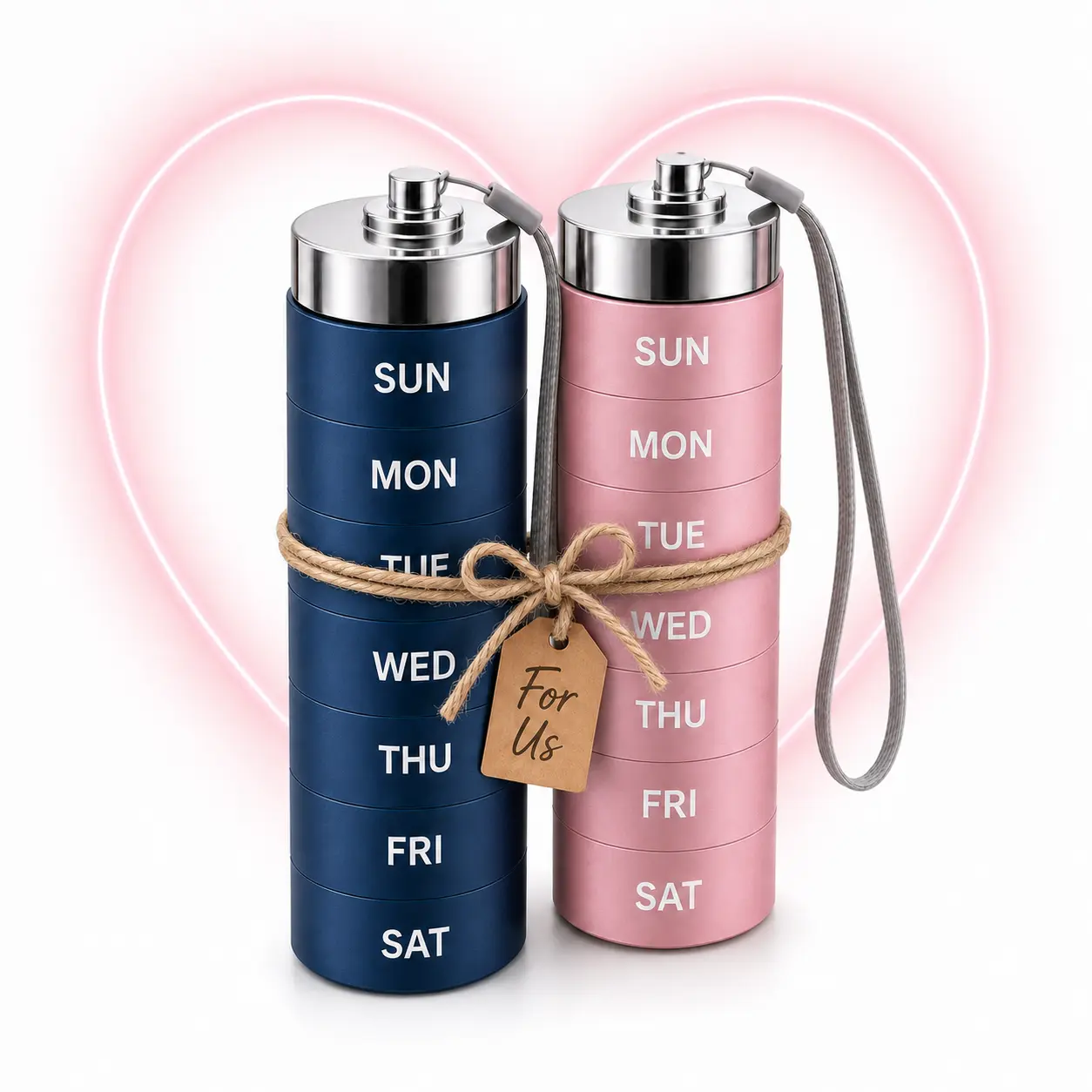 Couples Pill Organizer - His and Hers Lightweight Travel Size 7-Day Weekly Pill Boxes, Waterproof Stackable Aluminum Alloy Medicine Storage Containers with Silicone Handle, High-Capacity Vitamin Organizer for Work and Home - Mid Year Sale