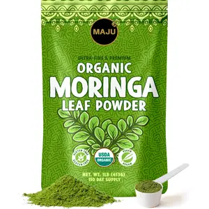 MAJU Organic Moringa Powder (1lb), Oleifera Leaf, Non-GMO and Raw, Shade Dried for Highest Nutrients, Add to Mixed Beverages Natural Superfood Nata