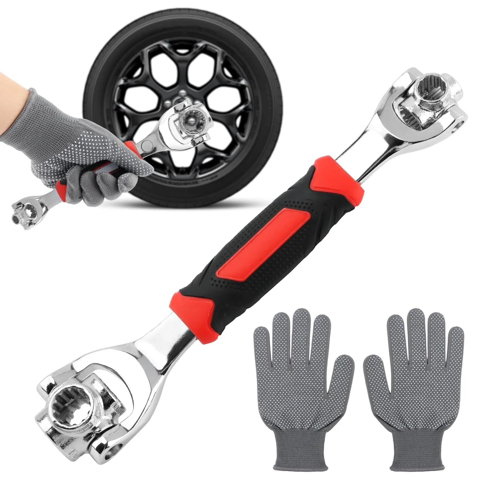 Universal Socket Wrench with Gloves, 52 in 1 Multi-function Socket Wrench, 360 Degree Revolving Spanner Tool for Home and Bicycle Car Repair
