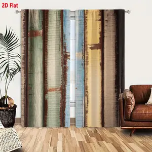 2D Flat 2 Piece Distressed Painted Wooden Plank Curtain Set, Vertical Striped Rustic Vintage Curtains with Weathered Textures, Light Gray Green Blue Yellow Beige Black Colorful Patterns for Home Decor, Window Curtain