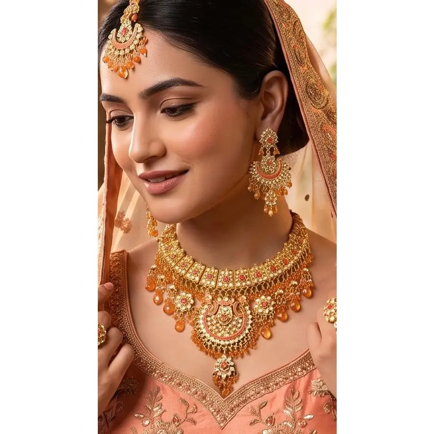 Golden Sunset Kundan Style Bridal Jewelry Set with Necklace, Earrings & Maang Tikka | Indian Pakistani Afghan Wedding Jewelry | Gift Box Included 7010
