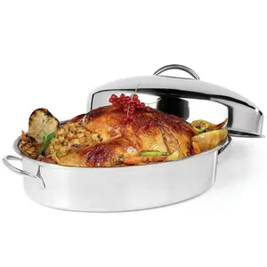 CWR32161S Kitchen Oval Roasting Pan 16 Inch Baking Tray with Lid and Rack - Silver - Cookware Bakeware Metal
