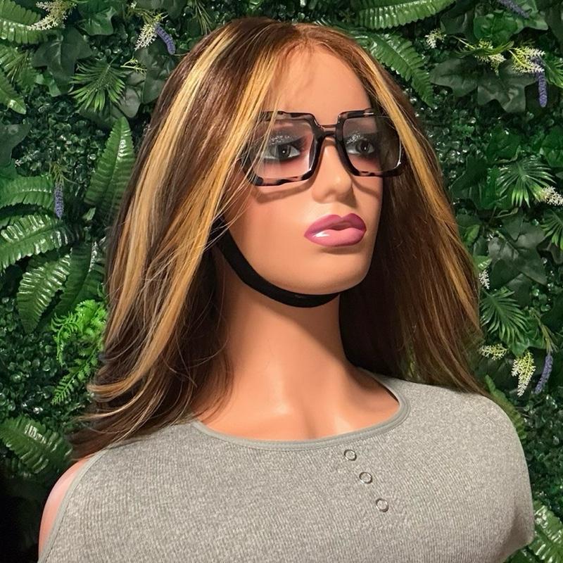 Sandra Hair Honey blonde Highlighted  Ombre Bob Straight Human Hair 14 inches 13x4 frontal lace with band Pre-Cut Synthetic 150  density  wig full black wig