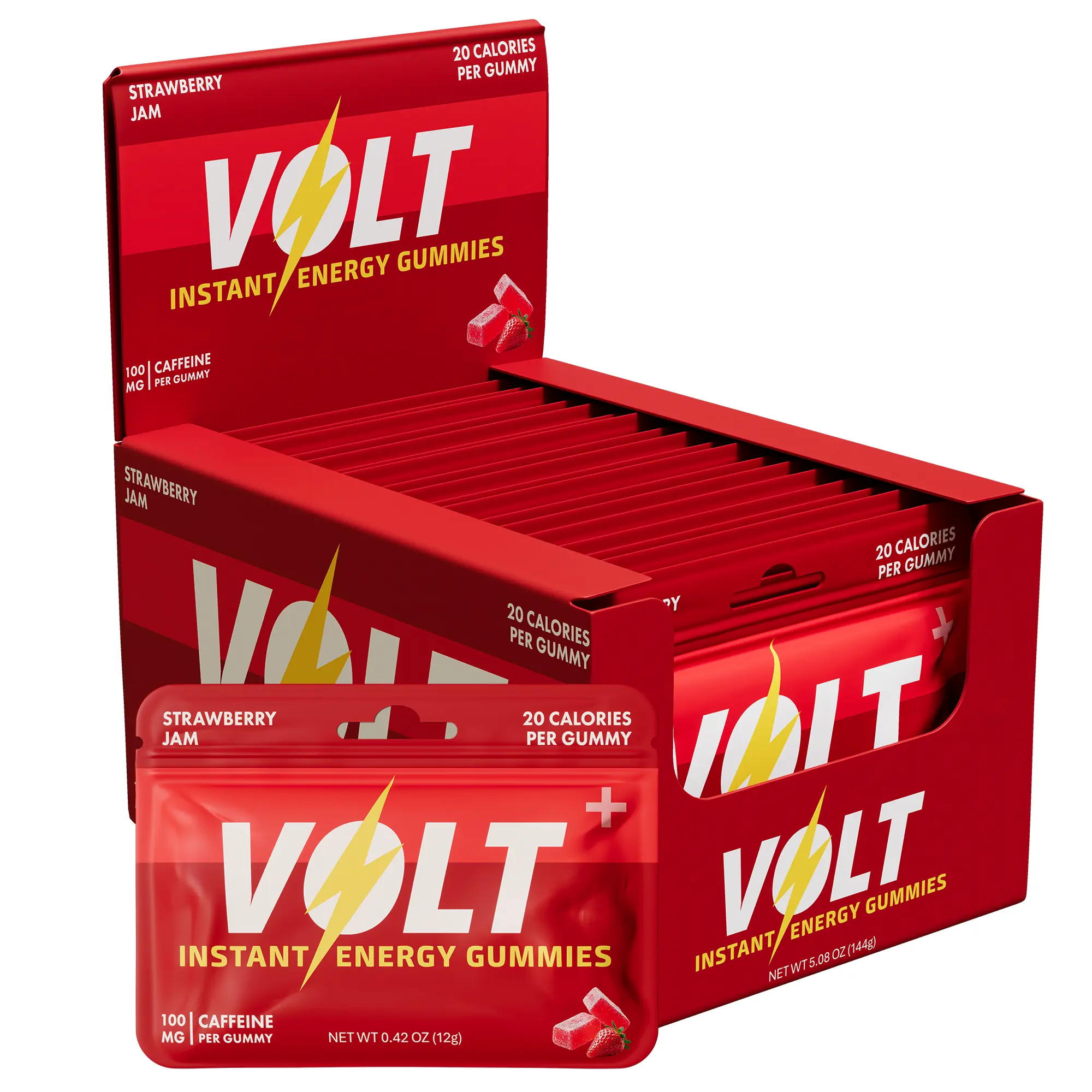 Volt Caffeine Gummies, Instant Energy Chews, 100mg Caffeine per Gummy, 12 Pack, Strawberry Jam