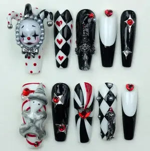 Harlequin Clown Press On Nails | Unique Gothic Clown Nail Art | Gothic Red and Black Nail Design | Perfect for Cosplay or Parties White French Tip