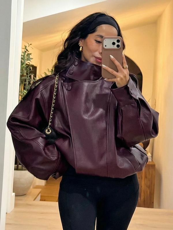 Women's Faux Leather Jacket New In Coats Demi-Season Black Brown Jacket Short Coat Spring Asymmetric Zip Motorcycle Jacket Streetwear Long Sleeve Red Aviator Jacket Womens Coat