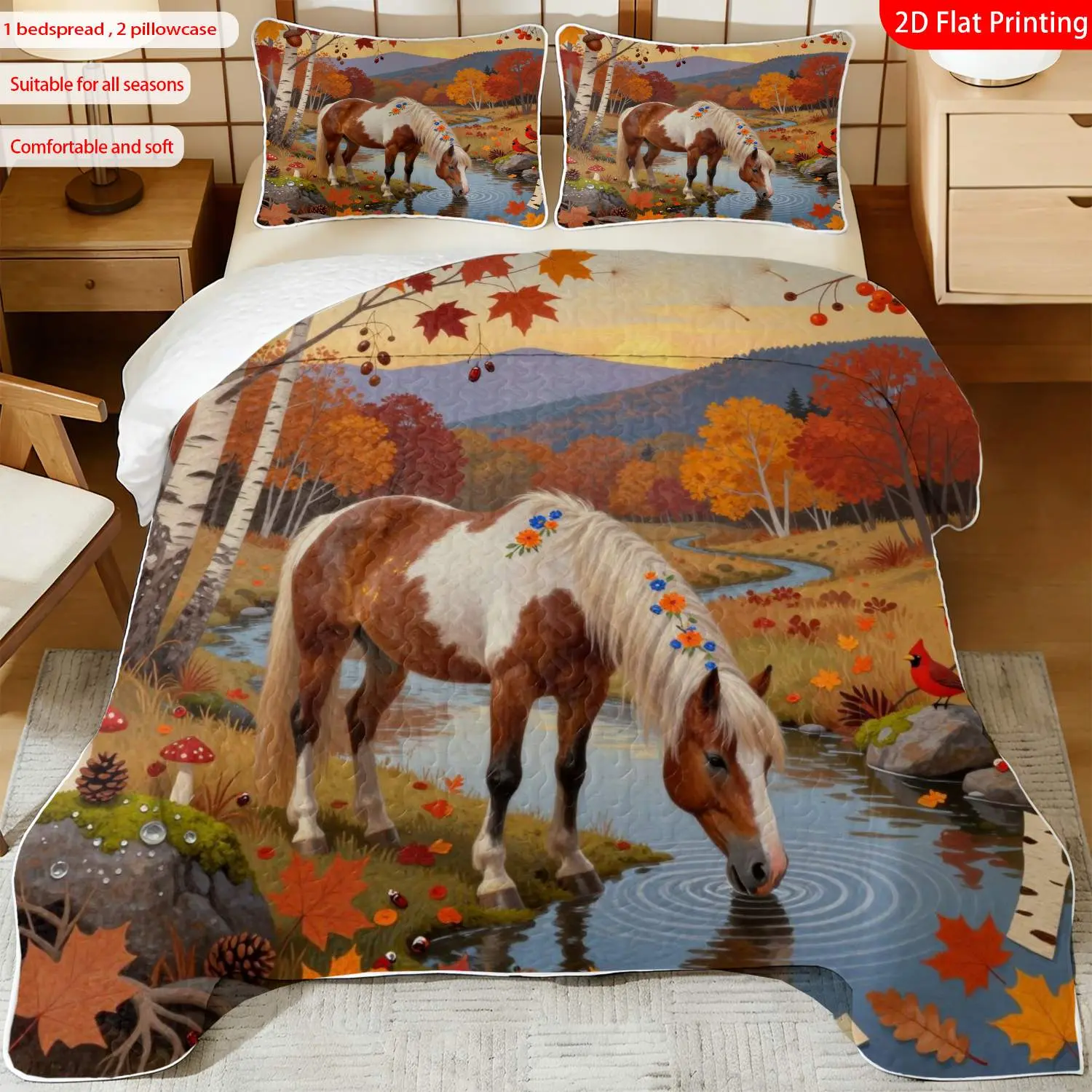 3pcs, 2D flat print Watercolor Autumn Horse Quilted Bedspread Set multiple sizes available, bedding set, festive decorative bedding, ideal for bedroom décor(1 bedspread , 2 pillowcase)
