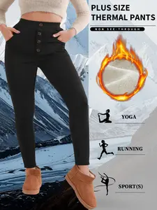 Women's Plus-Size Fleece-Lined Leggings High-Waisted Tummy-Control Slim-Fitting Pencil Pants with Pockets for Casual Wear Polyester Material Non-See-Through Thermal Pants for Yoga & Running
