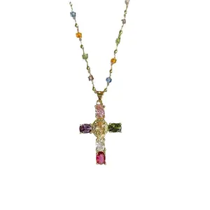 2PCS 18K Gold Plated Rainbow Cross Pendant Necklace - Exquisite Multi-Colored Faith Cross Necklace, Vintage Charm with Y2K Style for Women Girls, Colorful Glitter, Great for Everyday Outfits, Church and Holidays