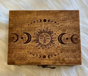 Engraved Wooden Tarot Box for Cards  Holder | Sun and Moon Fortune Telling Astrology Trinket Keepsake Box. Fengshui Luck Talisman Decorative Gift Case/Holder