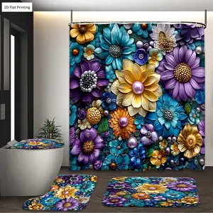 Multi-Color Pearl Flower Shower Curtain Set with Mat, Non-Slip Rug, U-Shaped Pad, Toilet Lid, Polyester Fabric, 12 Hooks, Bathroom Decor, Bathroom Decoration Accessories