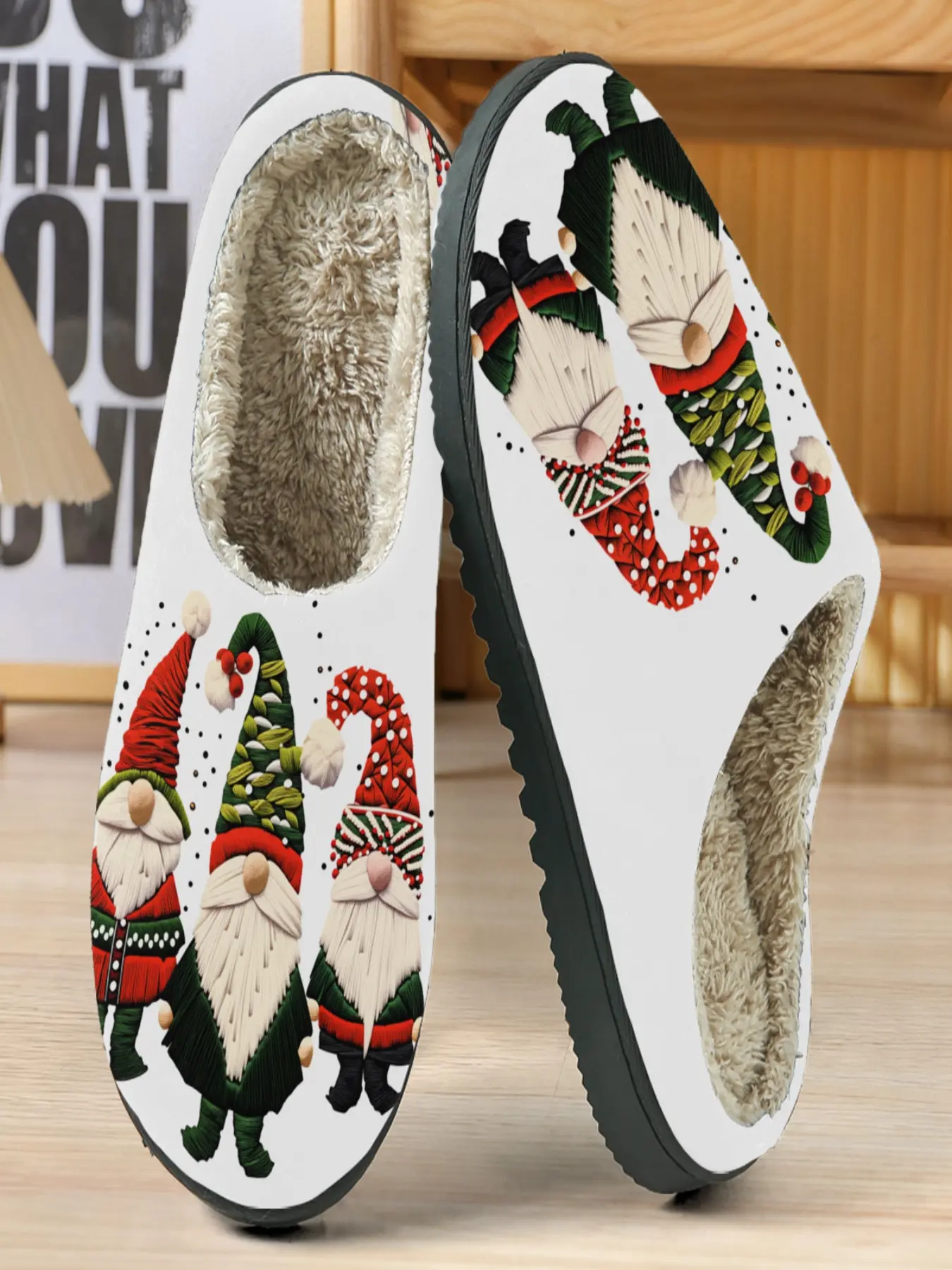 Christmas Gnome Slippers, Cute Full-Print Design, Fleece Lined Warm, Home Use, Festive Atmosphere, Casual Fall & Winter Shoes