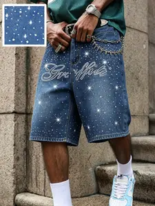 American Summer New Blue Rhinestone Loose Straight Leg Wide Leg Jeans Five-Quarter Shorts for Men, Fashion Plain Pattern