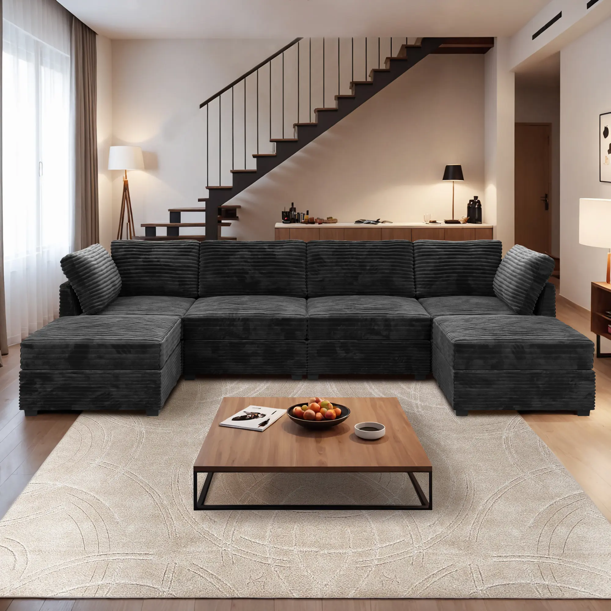 Black, 6 Seats, U-Shaped with 2 Ottoman