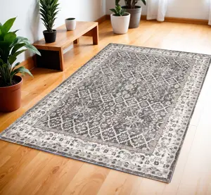 212 MAIN 4 x 6 ft. Power Loom Rectangle Area Rug - Gray, Floral Motif, Living Room Decor, Neutral Tones, Rectangle Size, Rustic Look for Living Rooms