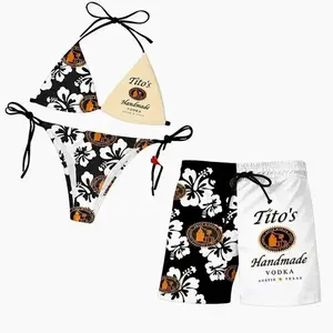Titos Handmade Floral Swimwear Set, String Bikini and Matching Beach Shorts for Couples, Tropical Summer Beachwear All Sizes