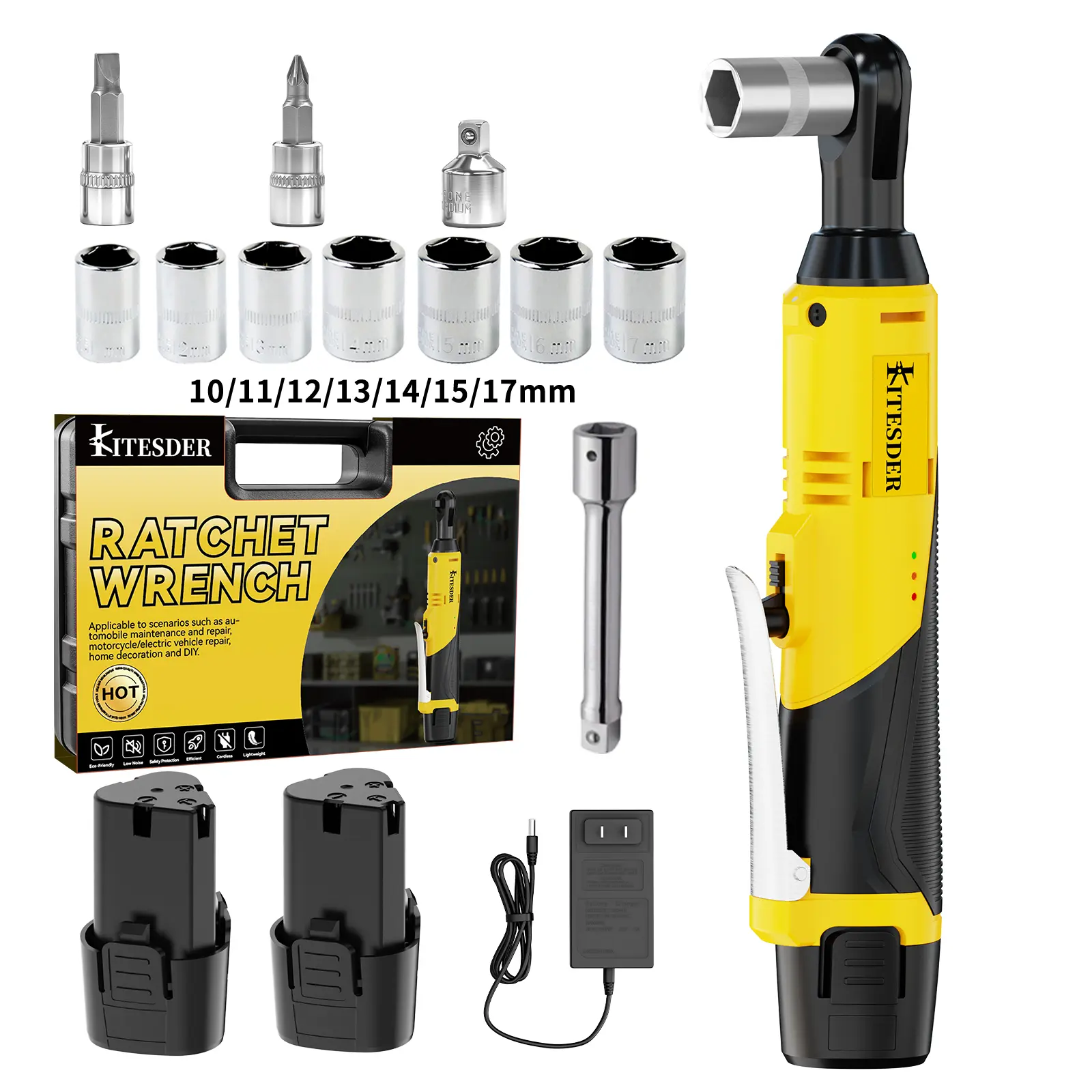 KITESDER 12V Cordless Ratchet Wrench Kit, 3/8" Drive, 40 FT-LBS High Torque, 0-400 RPM Variable Speed, LED Lights, 2.0Ah Batteries, Fast Charger & Sockets for Mechanic Auto Repair, Home Improvement Tasks