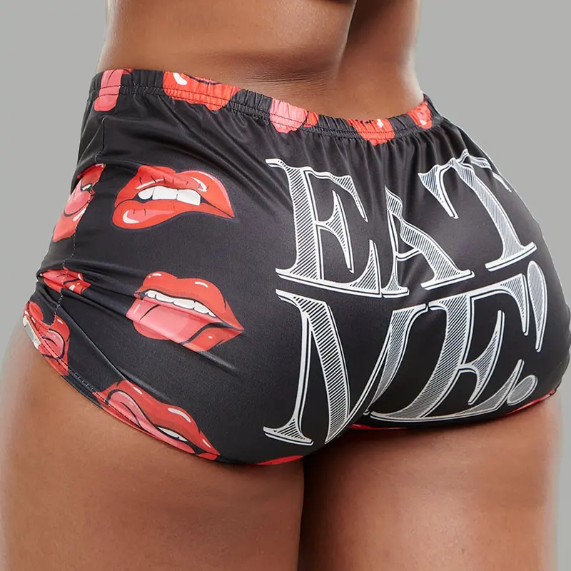 Women's All Over Letter & Lips Print Elastic Waist Shorts, Casual Comfy Breathable Graphic Print Shorts for Summer, Ladies Bottoms for Daily Wear