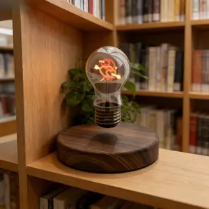 Magnetic Levitation Floating Light Bulb Lamp, 360 °   Rotating LED, Round Wood Grain Base, Light Luxury Desk Night Light Decor