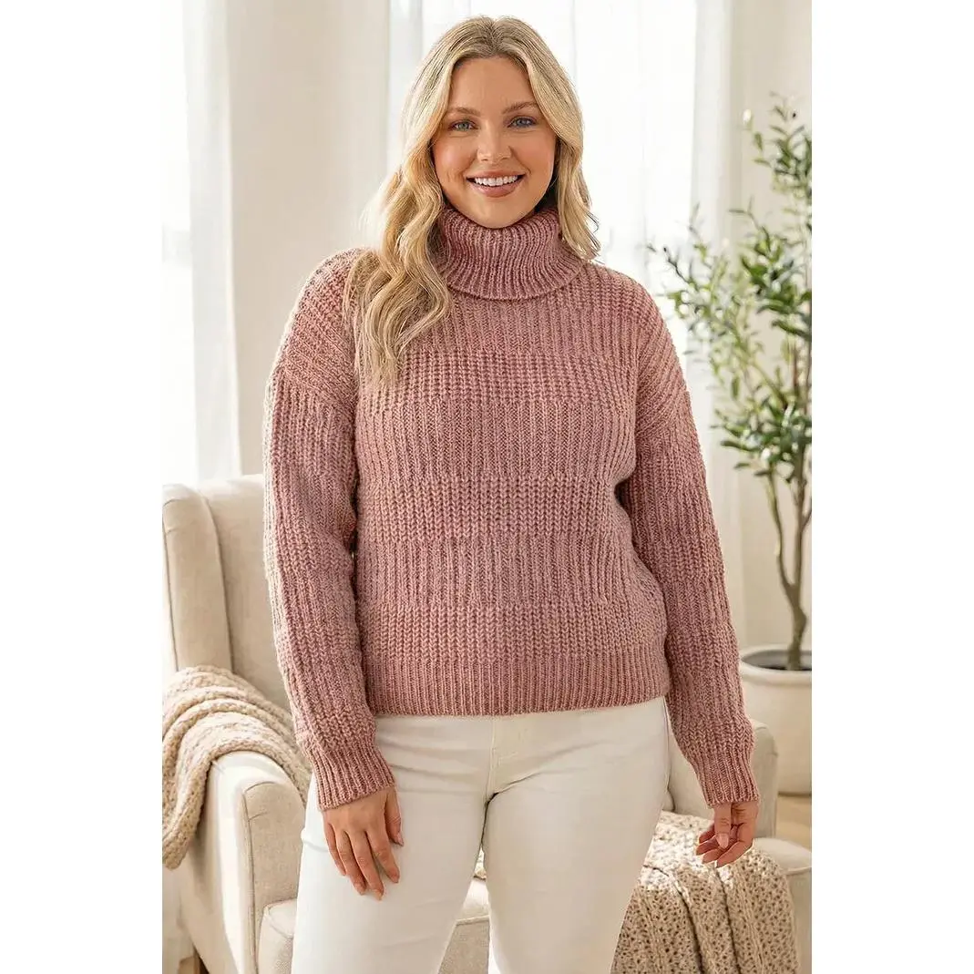 Plus Size Chunky Knit Turtleneck Sweater – Mauve Textured Stripe