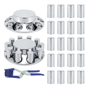 Removable Hub Cap Front Axle Cover Kits Chrome ABS Plastic with 33mm Thread-on Flange Lug Nut Covers for Semi Trucks in Pairs, 2 Set
