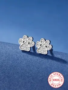 S925 Sterling Silver Cute Paw Design Stud Earrings, Fashionable Glittering Stud Earrings for Women & Girls, Trendy All-match & Exquisite Jewelry for Birthday Gift, Pretty Studs