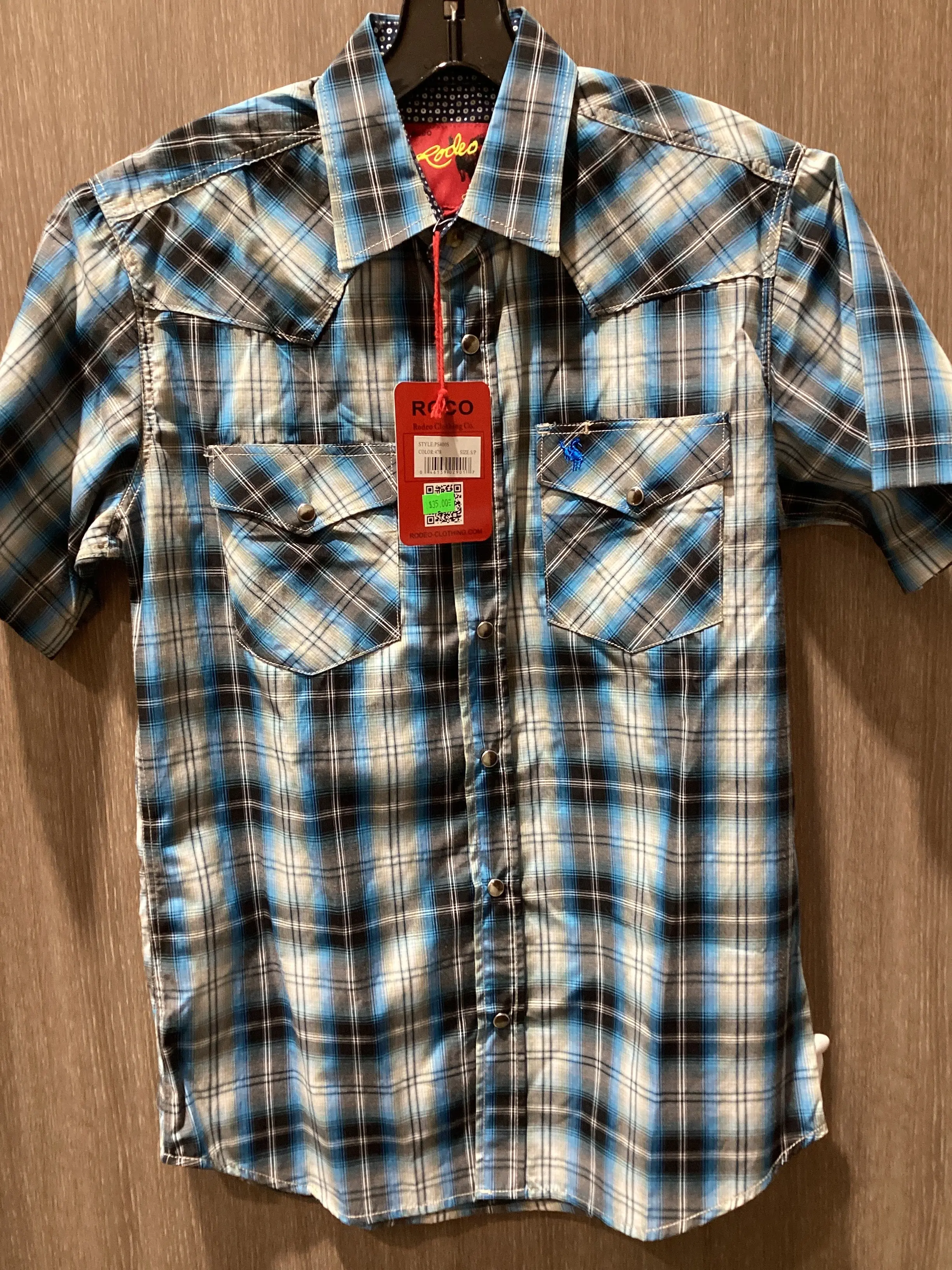 Men's Rodeo Western Plaid Snap Button Short Sleeve Blue/Black/White Shirt