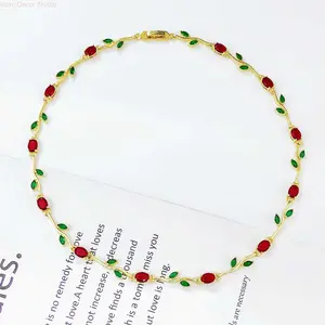 Women's Gold-Tone Vine Choker Necklace - Delicate Nature-Inspired, Red Oval Gems, Green Leaf Charms, Elegant Floral Chain for Daily Wear, Special Occasions (Sports & Outdoor Accessory)