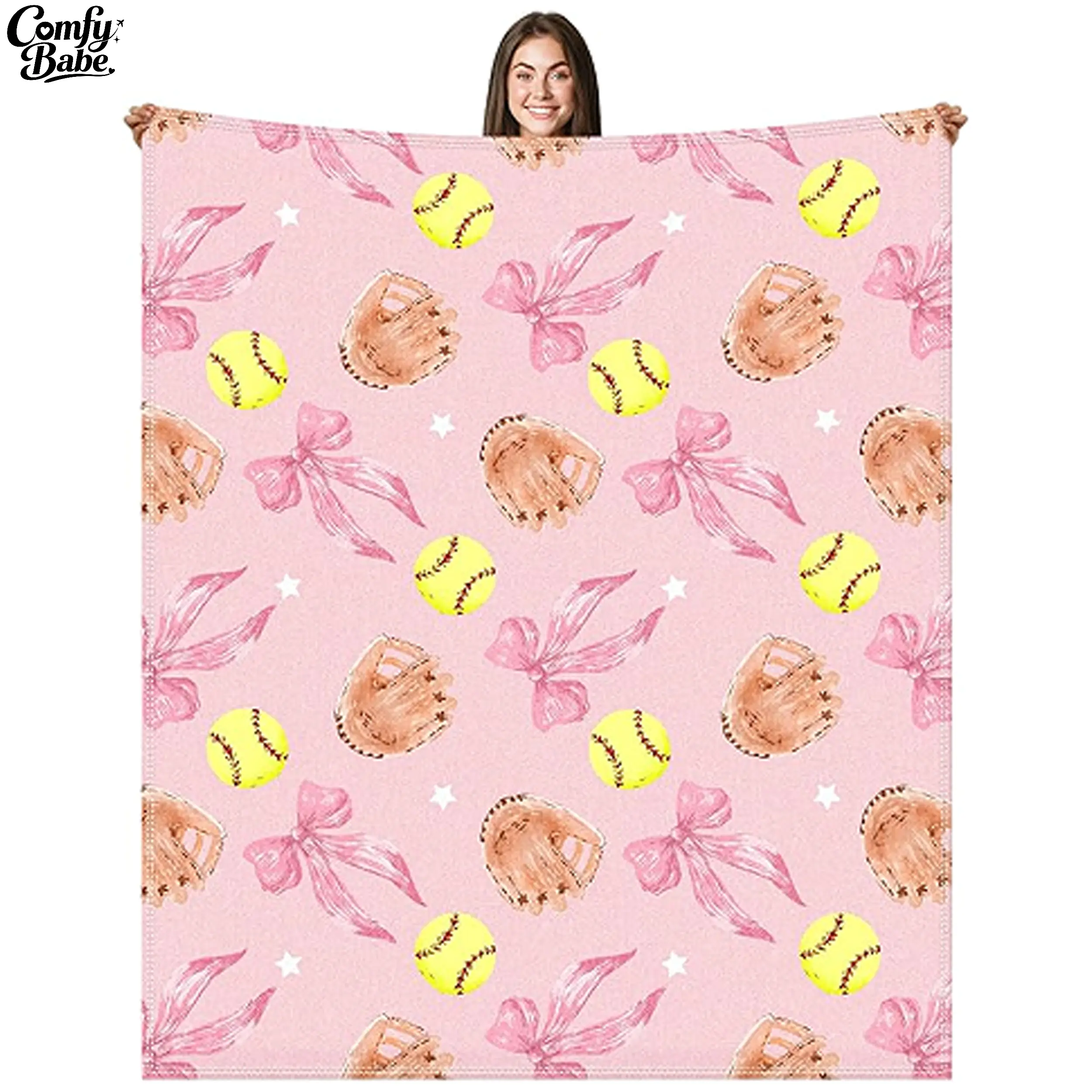 Pink Softball Flannel Throw Blanket, Cute Softball Player Gift for Girls & Women, Bow Sports Blanket for Couch Bed Bedroom Decor