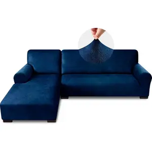Sectional Couch Covers, Look Sofa Cover L Shape 2PCS Soft Stretch Slipcover for Sectional Sofa, Non Slip Furniture Protector (3 Seat Sofa + 3 Seat Chaise, Navy)