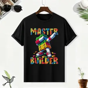 Cotton Men's T-shirt Short Sleeve Crewneck Loose Tee: Cool Graphic Print (colorful Lego-style "MASTER BUILDER") 100% Cotton Comfortable Fabric, Machine Washable. Streetwear Casual Fashion, Black/White Optional-Playful Christmas Gift Tshirt.