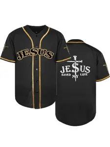 Men's Loose-Fit V Neck Baseball Jersey, "JESUS" Stitched Baseball Shirt, Breathable Short Sleeve Sportswear, for Sports And Leisure, Featuring Street Fashion Embroidery, Ideal for Competitions And Training Sessions, Sportswear Clothing, Jersey Top