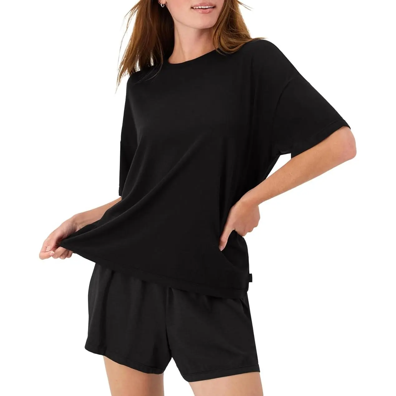 Women's Bamboo Ribbed Knit Pajamas Set | 2-Piece Super Soft Basic Boxy Tee and Shorts | Everyday Lounge and Nightwear, Pajama Set, Lounge Wear, Short Sleeves, Shortsleeve, Comfy