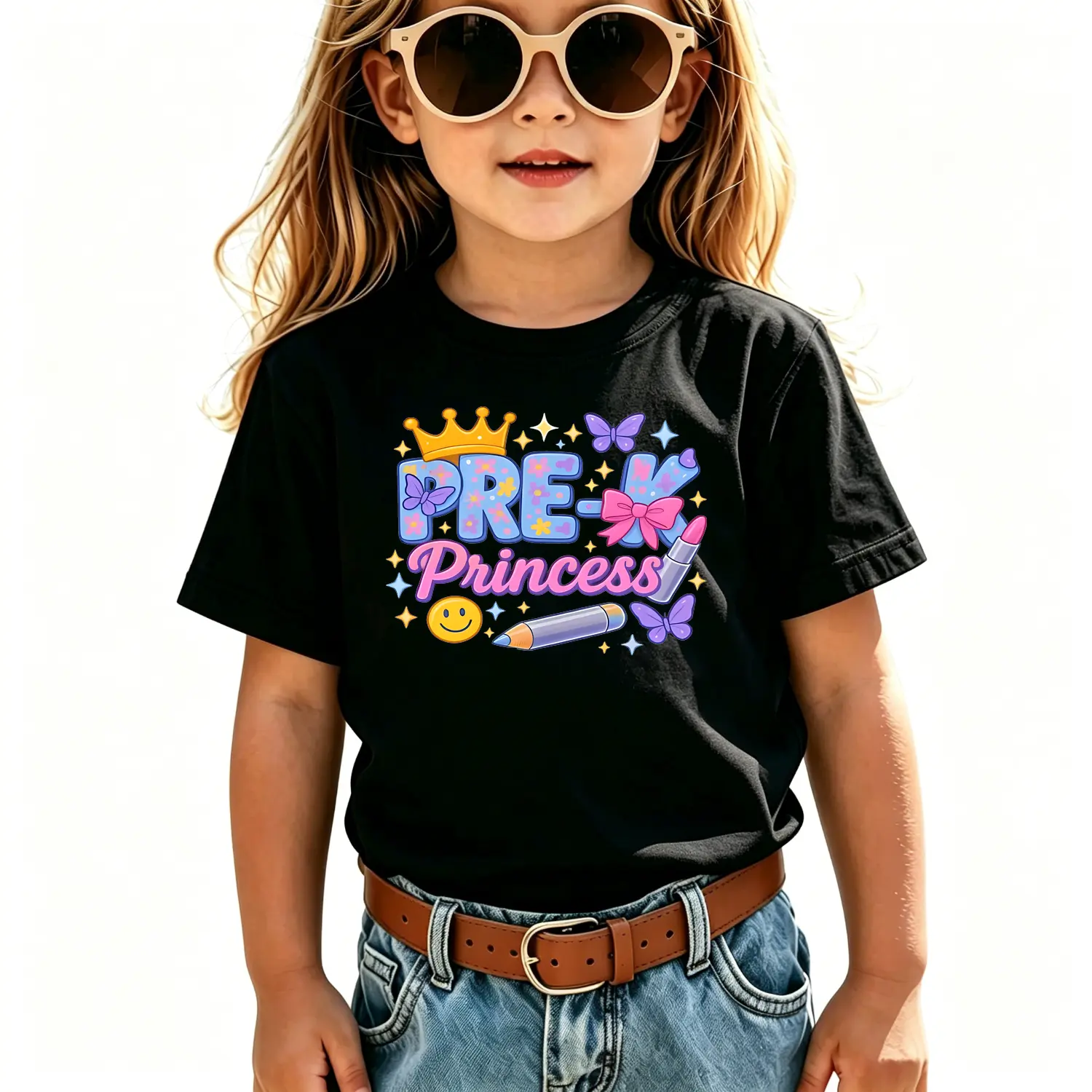 Back-to-School Kids Cotton T-shirt Featuring Princess Crown Bow Print Pre-K Casual Crew Neck Tee for Girls