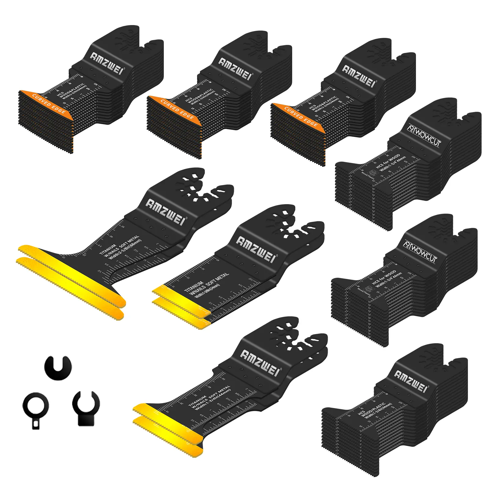 AMZWEI Multi-Pack Curved Edge Design Titanium Alloy Professional-Grade Oscillating Tool Blades Set, Quick Release, Universal Compatible System, Fein Multimaster-Fit, for Wood & Metal Cutting, Workshop Use, Fits Dewalt, Ryobi, Milwaukee, Rockwell