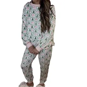 Women's Christmas Loungewear Set Tree Bow PrintTwo Piece Pajamas Long Sleeve Top & Pants
