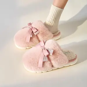 Cute Bow Soft Cotton Slippers for Women, Womens Fuzzy Fluffy Cozy Indoor Outdoor House Slippers Winter Indoor Anti-slip Thick-soled Slippers, Autumn and Winter Home-use Cotton Slippers, Warm and Comfortable Home Floor Slippers