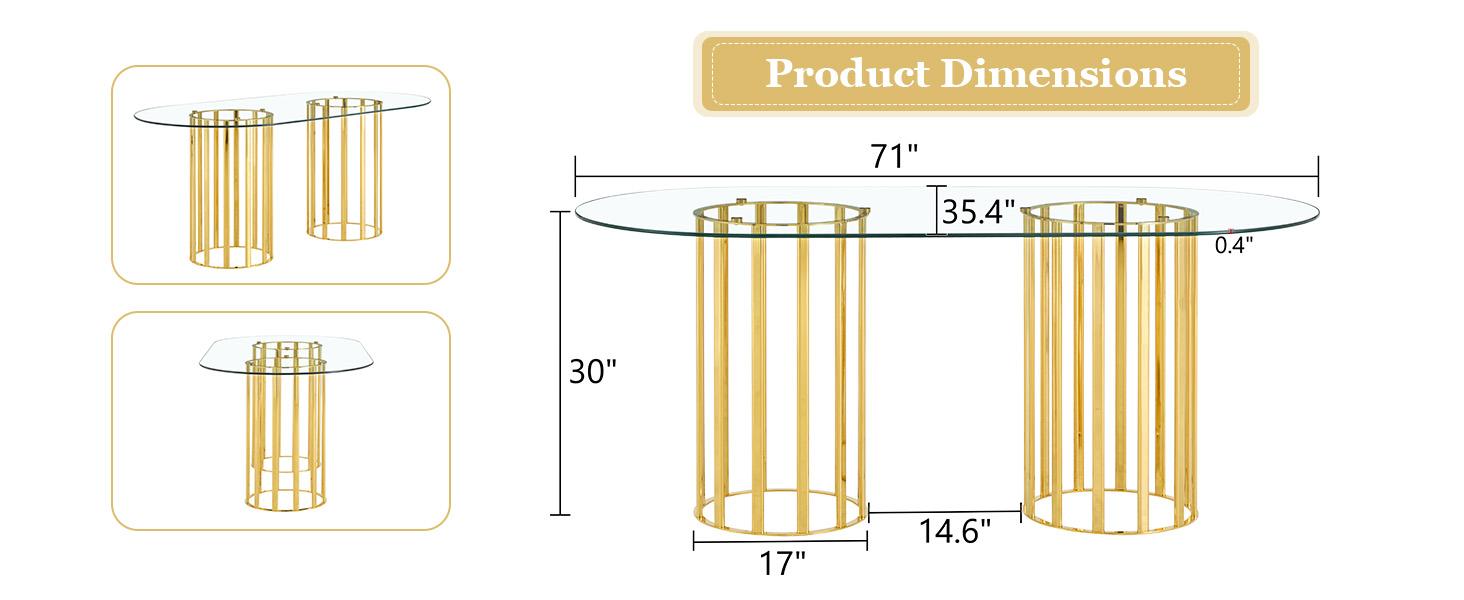 71 Inch Oval Tempered Glass Dining Table, Modern Light Luxury Gold Double Pedestal Kitchen Dining Table, Scratch Resistant Easy Clean Glass Top, Seats 6-8 for Dining Room Restaurant