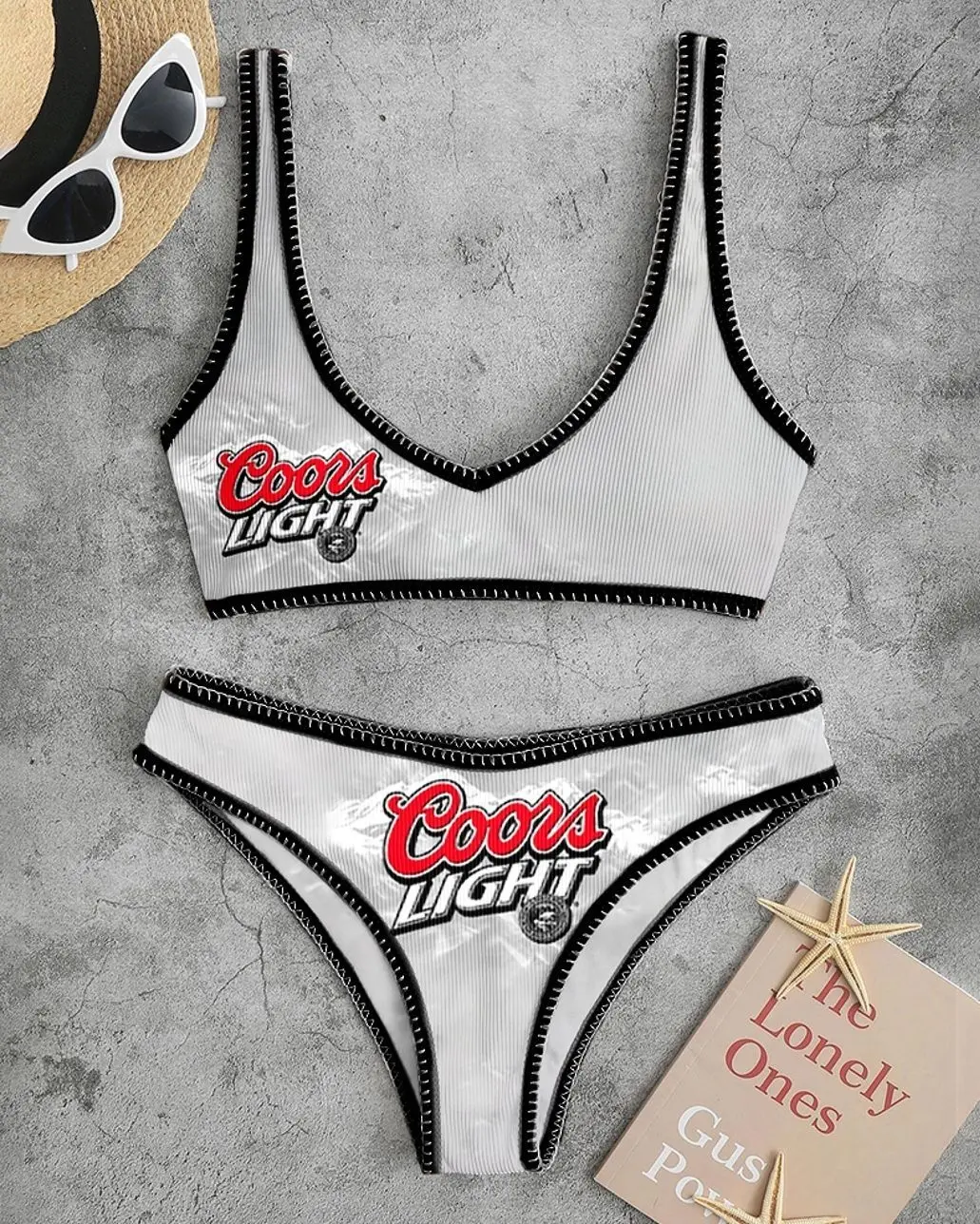 Coors Light Contrasting Letter Print Casual Gray Bikini Sets QET