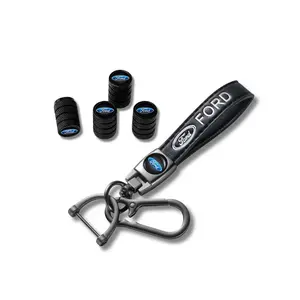 Ford Logo Keychain & Valve Stem Cap Set – 5pc Bundle | Premium Black Metal, Anti-Rust, Gift-Ready Car Accessory Pack