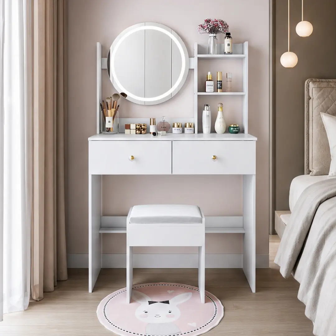 17-Inch Round LED Vanity Dressing Table Set (Sleek, White MDF) with Soft Cushion Stool, Touch Switch, 3-Color Adjustable Brightness Light, Large Desktop, Multi-Layer Storage, for Small Bedroom, Room Decor, Morning Routine, Assembly Required