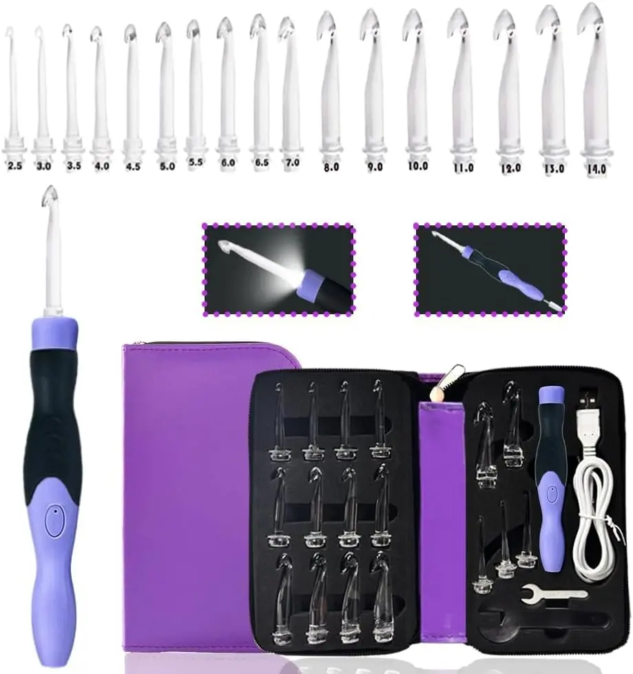 17 Sizes Lighted Crochet Hooks Set 2.5mm~14.0mm, Rechargeable Crochet Hook with Interchangeable Crochet