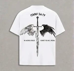 "No Weapon Formed" Isaiah 54:17 Black Tee 🦅 100% Heavyweight Cotton Gym Pump Cover | Sword & Angel Wings Christian Streetwear Graphic Shirt vintage white