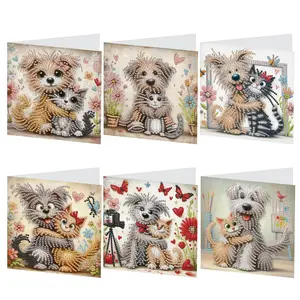 DIY Diamond Arts Diamond Painting Kits Colorful Painting Greeting Card Kit for Gifts, 6 Counts/set Cute Dogs & Cats Pattern Diamond Decor Birthday Card with Envelope