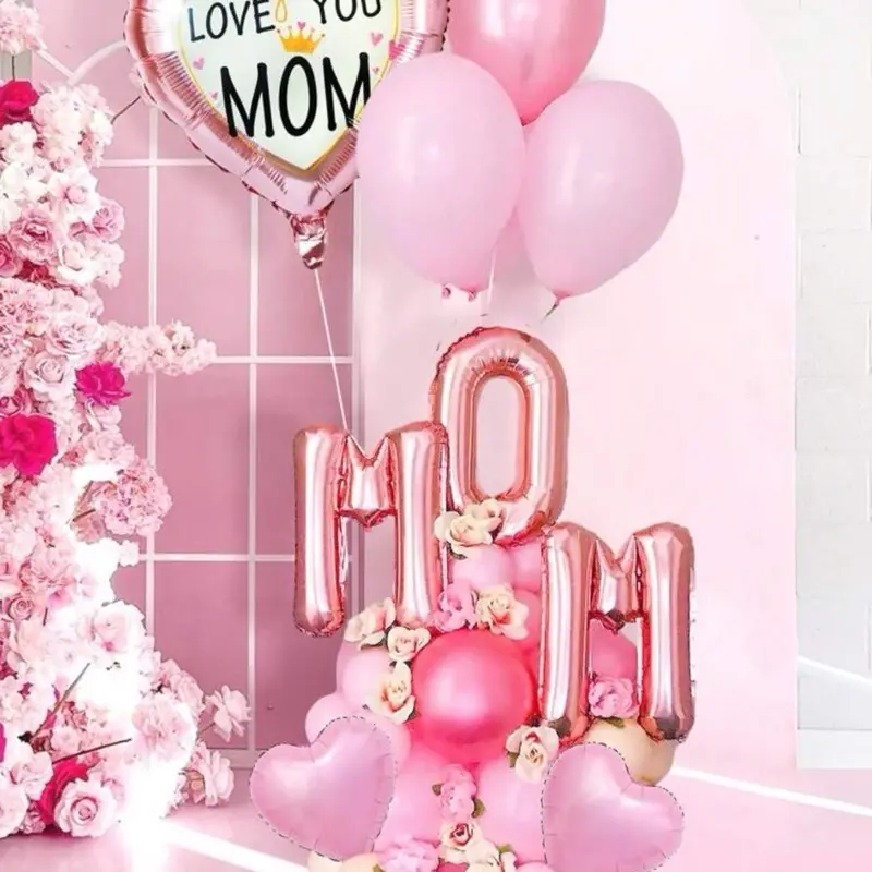 Mother's Day Balloon Set - 28pcs with "I Love You Mom" Heart Balloon, Rose Gold Foil, Pink Latex Balloons, Suitable for Mother's Day Party, Mom Gift