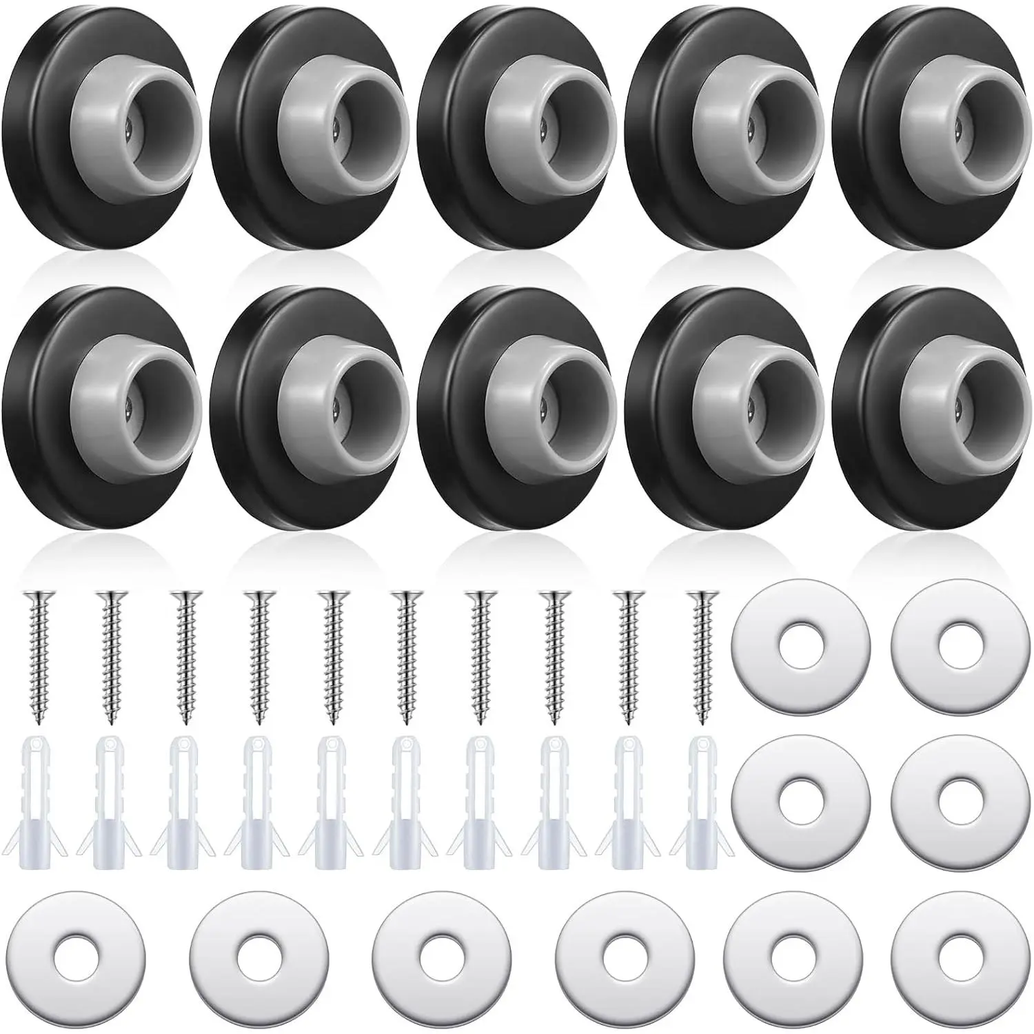 Concave Wall Door Bumper Stop  Stainless Steel Wall Door Bumper with 1-1/8 Inch Gray Round Rubber Protector Stops(Black,10 Pieces)