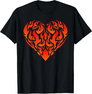 100% Cotton Aesthetic Flaming Heart Red Orange Fire Flame Lovers T-Shirt