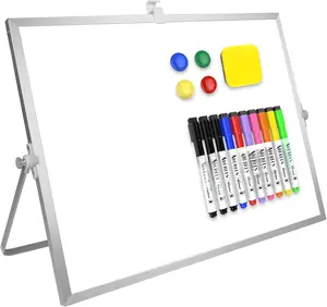 Dry Erase White Board, 16inX12in Large  Desktop Whiteboard with Stand, 10 Markers, 4 , 1 Eraser, Portable Double-Sided White Board Easel for Memo  Desk Office
