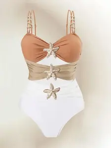 Plus Size Women's Hollow Out One-Piece Swimsuit, Ocean Star Metal Accents, High Elasticity Adjustable Straps, Removable Padding, Ideal for Beach Vacations