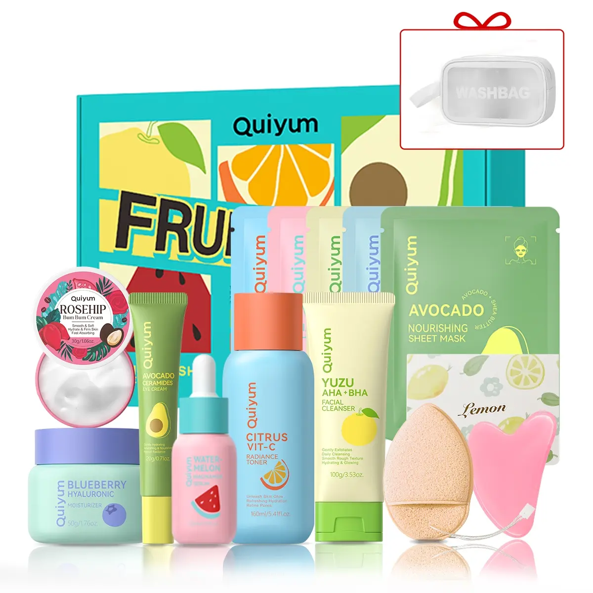 Quiyum Fruit Skincare Gift Box, Cleanser, Toner, Eye Cream, Serum, Moisturizer, Mask, Body Butter, Fowder puff, Scraping Pate, Card,Makeup Bag Included,Hydrating Soothing,Best Gift, Bodycare Set